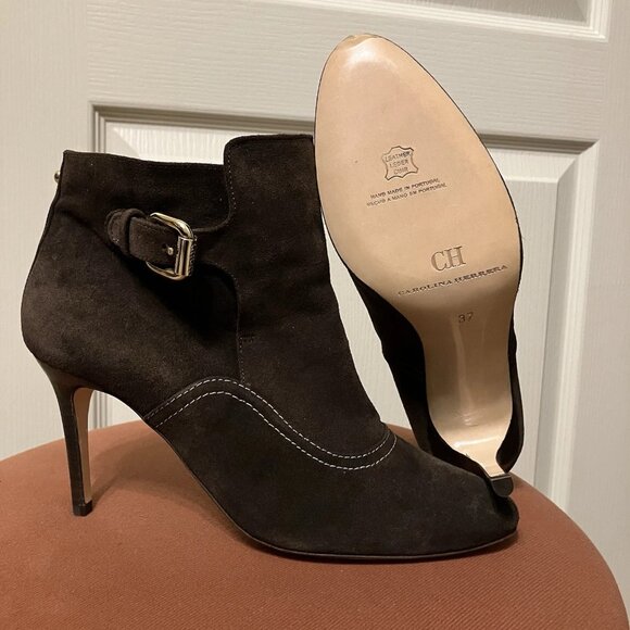 CAROLINA HERRERA Boots BROWN Suede ANKLE BOOTS Shearling - Sz 37 (US 6.5) NEW! - Picture 1 of 14